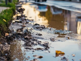 Muddy Puddle Reflection on City Street After Rain