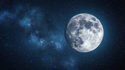 Fototapeta premium A stunning view of a bright full moon against a backdrop of shimmering stars in a deep night sky.