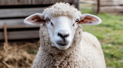 Obraz premium A close-up of a fluffy white sheep with expressive eyes, showcasing its soft wool in a rural setting.