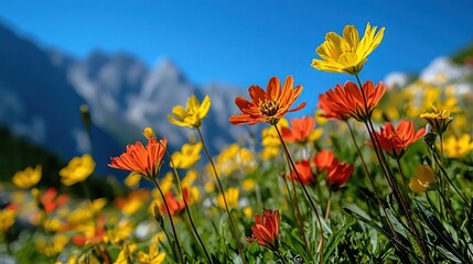 Mountain wildflowers blooming, sunny alpine meadow