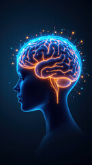 Obraz premium A human head with brain highlighted by glowing blue rays on a dark background, symbolizing artificial general intelligence.