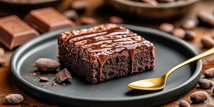 Decadent dark chocolate dessert with a moist interior, luxurious topping, and a gold spoon for an elegant touch.