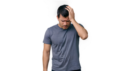Young Man Holding Head in Pain, Expressing Headache and Exhaustion (Transparent Background)