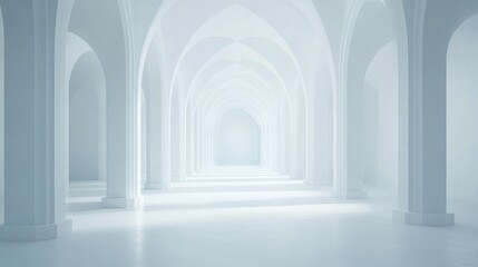 Fototapeta premium A serene interior featuring softly lit white arches creating an ethereal atmosphere.