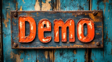 Innovative Conceptual Photo of a Demo Sign Against a Rustic Wooden Background with Artistic Splatter Paint Design for a Prototype Idea