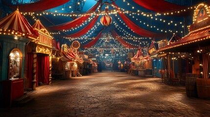 Fototapeta premium Night carnival street, illuminated stalls, cobblestone path, festive background, film backdrop