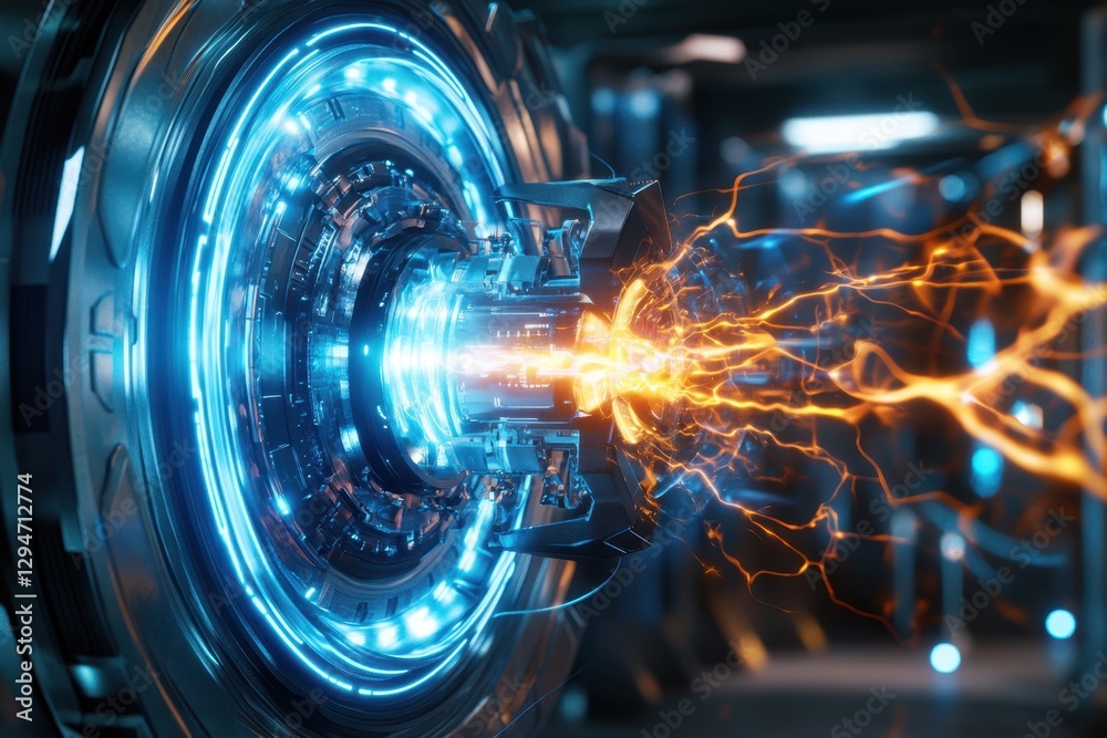Poster advanced energy core generating high voltage sparks in a futuristic laboratory setting