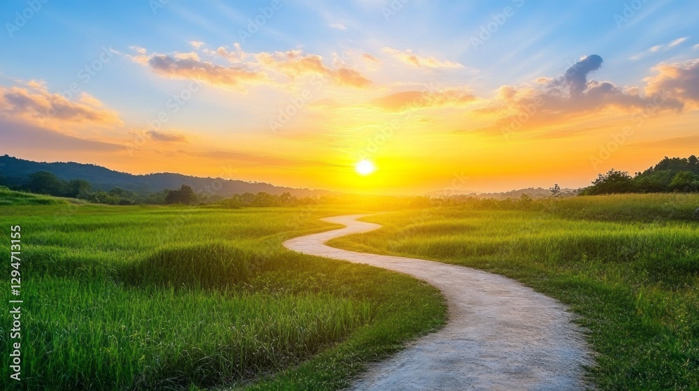 Poster Golden hues of a setting sun illuminate a meandering path through lush green fields, creating a serene atmosphere that invites reflection at the close of day
