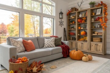 Cozy Autumn Living Room Decor with a View of Colorful Fall Foliage and Seasonal Accents