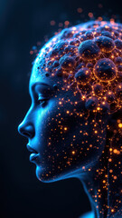 Obraz premium A concept illustration featuring a human head composed of glowing particles with artificial intelligence themes.