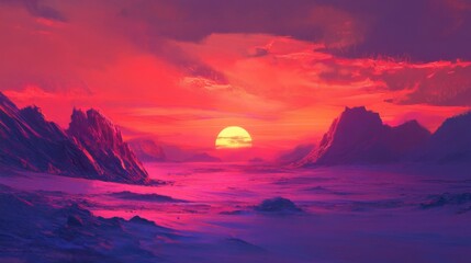Vibrant Pink And Red Sunset Over Purple Desert Mountains