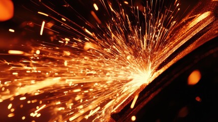 Close-up of vibrant orange sparks flying from a metal surface, creating a dynamic and energetic atmosphere.
