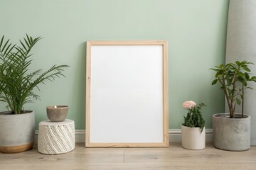A Serene and Minimalistic Indoor Scene Featuring Potted Plants and an Empty Frame