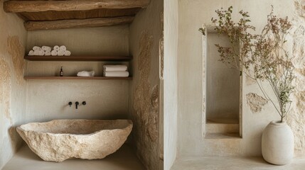 Obraz premium A luxurious bathroom with a stone bathtub, wooden shelves, and a vase of flowers.