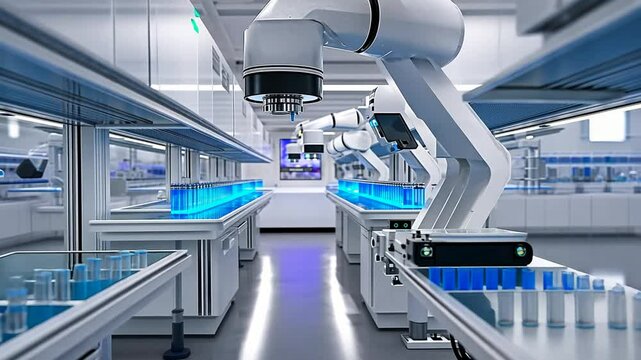 Futuristic lab with robotic arms processing samples