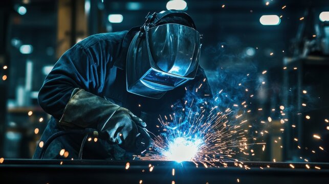 A male welder wearing protective gear, skillfully welding with bright sparks flying in a dimly lit industrial setting. - Powered by Adobe
