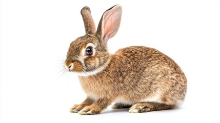 A cute brown rabbit sitting gracefully on a white background, showcasing its soft fur and large ears.