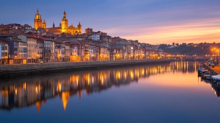 Obraz premium Serene sunset over a tranquil riverside cityscape