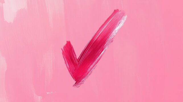 A bold pink brush stroke forms a checkmark against a soft pink background, symbolizing positivity and affirmation.