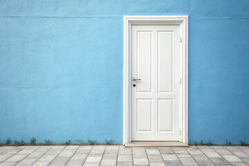 Charming White Door Against a Tranquil Blue Wall Perfectly Capturing Simplicity and Modern Aesthetics
