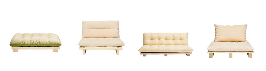 A collection of stylish minimalistic futon chairs isolated on a transparent background, ideal for modern home decor concepts