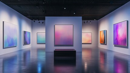 Modern Abstract Art Gallery Interior Design Pastel Colors Smooth Gradient Wall Paintings Minimalist Elegant Showcase Beautiful Artwork Contemporary   