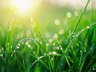 Obraz premium Macro shot of dewdrops on fresh green grass in golden light