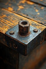 Detailed macro of rusty old bolt on a wooden surface focusing on the worn texture and aged metal finish under dramatic lighting