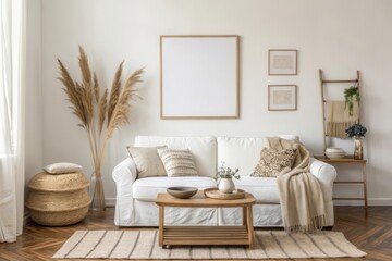 Cozy and Minimalist Living Room with Neutral Tones and Natural Decor Elements