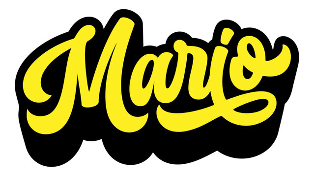 Name Mario written in retro groovy script lettering with long shadow effect