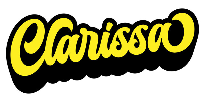 Name Clarissa written in retro groovy script lettering with long shadow effect