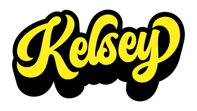 Name Kelsey written in retro groovy script lettering with long shadow effect
