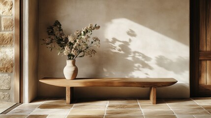 A wooden bench with a vase of flowers sits against a beige wall, casting a shadow on the floor.