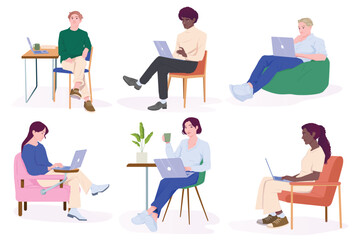 People using laptops in various settings, flat graphic style, on white background. Concept of remote work. Vector illustration