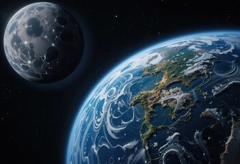 Naklejka premium Stunning view of Earth and the Moon from space at night