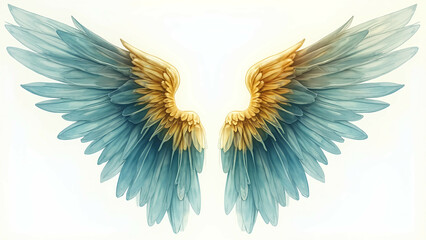 Obraz premium angel wings watercolor teal gold ethereal lighting