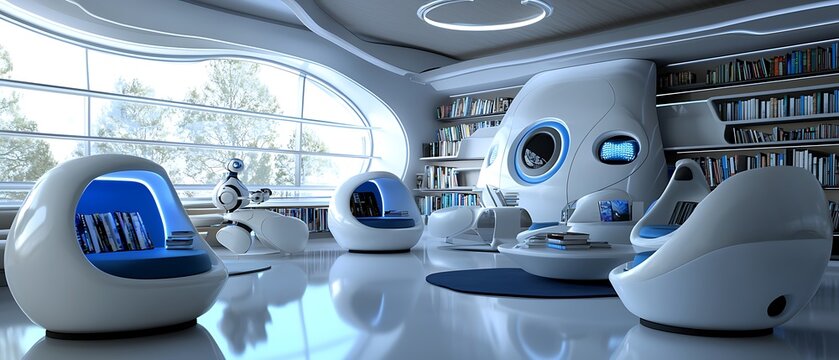Futuristic library interior with sleek furniture and advanced technology showcasing a modern and innovative learning environment