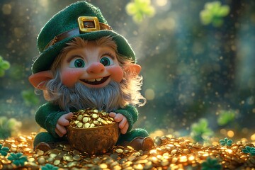 Cheerful Leprechaun Sitting on a Pile of Gold Amid Glowing Greenery

