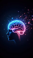 AI concept with a human brain and digital light effects.