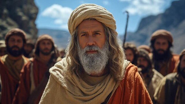 Moses stands in front of a crowd of people and looks into the distance