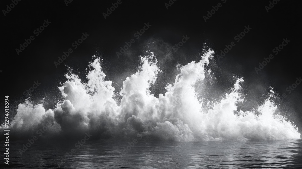 Poster surging waves rise dramatically with white foam against a dark, reflective surface, creating an ench