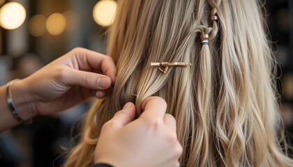 Closeup of a hairstylist's hands creating a beautiful braided hairstyle with a gold accessory on long blonde hair in a salon. Wedding or event hairstyling.