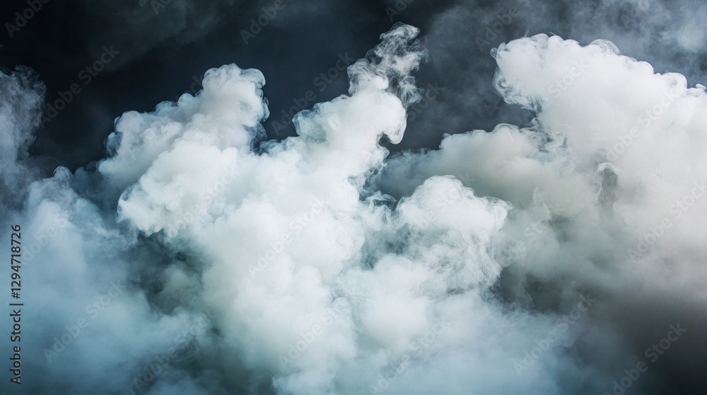 Poster wisps of white and gray clouds float gracefully against a dark backdrop, forming an otherworldly dis