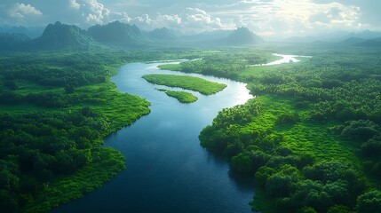 Lush green valley winding river aerial nature landscape high resolution hd image