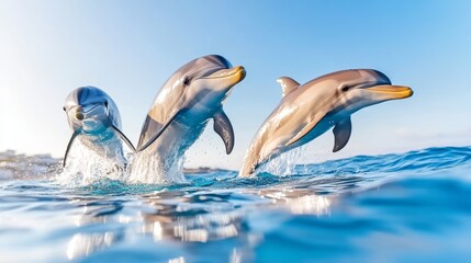 Person enjoys watching dolphins leap and play in the clear blue ocean during a sunny day