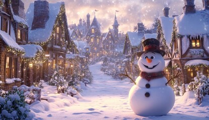 Obraz premium Cheerful snowman in a snowy Christmas village.