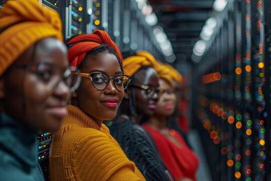A Diverse Team of Technicians and Female Programmers Collaborating in a Server Room for Cyber Security Database Planning and Technology Inspection