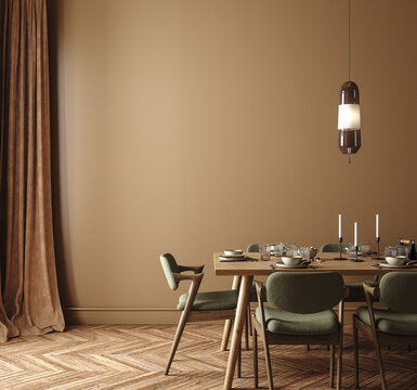 Home mock up, modern brown interior with dining table, 3d render