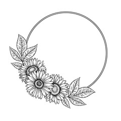 Vector sunflowers round frame illustration, line art floral wreath. Graphic monochrome drawing. Hand drawn flowers outline sketch, engraved illustration. Template for wedding invitation, logo.