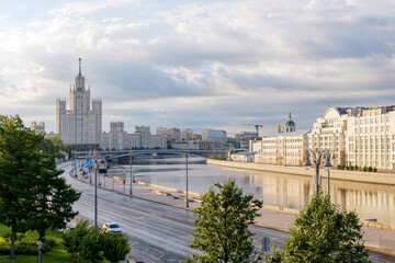 Moscow Stalinist skyscraper on Kotelnicheskaya embankment dominates the skyline, blending Soviet...